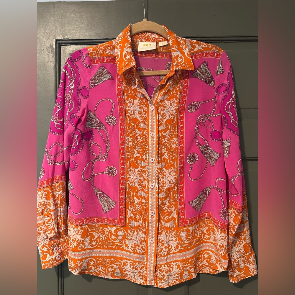 Maeve by Anthropologie Potala 100% Silk Pink Orange Print Button Down Blouse